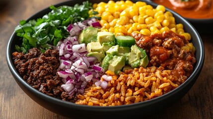 Colorful bowl of ingredients served at a Mexican restaurant during lunch