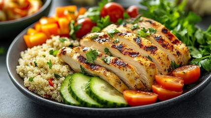 Grilled chicken with quinoa salad and fresh vegetables on a plate
