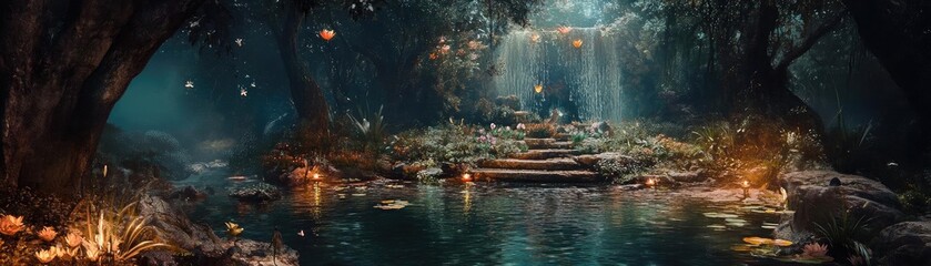 A serene forest scene featuring a tranquil pond, illuminated by soft lights amidst lush greenery and cascading waterfalls.