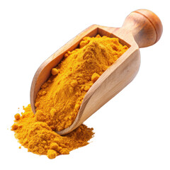 Dry ground turmeric powder in wooden scoop isolated on transparent background
