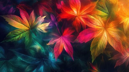 Vibrant autumn leaves create a colorful backdrop, showcasing rich hues of orange, red, and green in an abstract design.