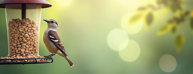 Small bird perched contentedly on backyard feeder against blurred green background with copy space
