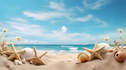 Tranquil beach scene with starfish and seashells by calm turquoise waters under a sunny sky.