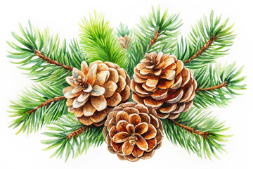 Fototapeta premium Watercolor Illustration of Pine Cones and Branches.