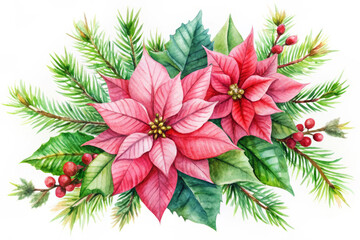 Watercolor Christmas Poinsettia and Pine Sprig Arrangement.