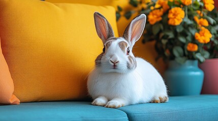 Bold geometric patterns with energetic rabbits for lively wallpaper Integrate vibrant geometric shapes with the dynamic imagery of rabbits to create a lively and fun wallpaper.