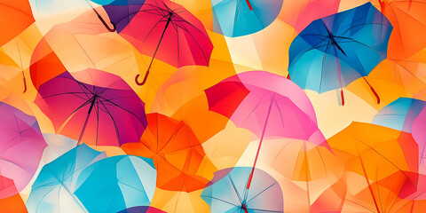 Vibrant umbrellas in red, blue, and orange colors float over a seamless background, creating a lively and playful pattern. The overlapping umbrellas form a dynamic, energetic visual effect.
