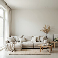 Minimalist living room with beige tones and large windows