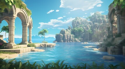 Scenic ancient ruins by the serene blue sea, perfect for a tranquil tropical getaway.