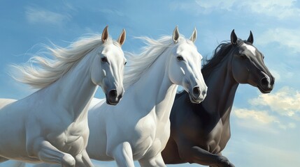 Three Horses Running Through Blue Skies