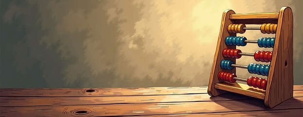 Vintage wooden abacus in warm lighting against textured background with copy space