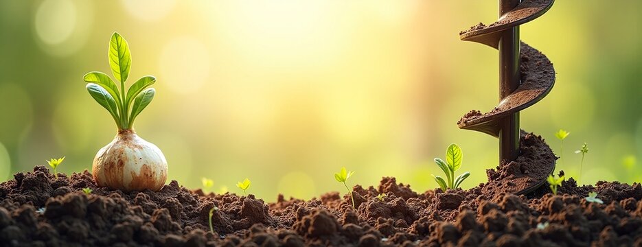 Young plant growing from bulb with gardening auger against blurred nature background with copy space