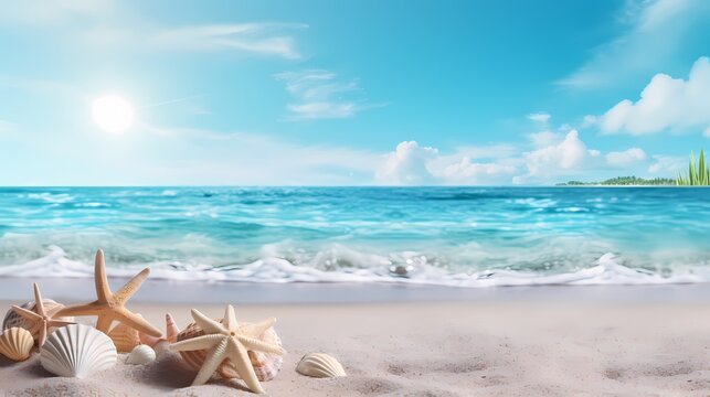 Tranquil beach scene with starfish and seashells by calm turquoise waters under a sunny sky.