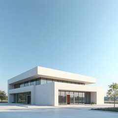 Contemporary white two-story office building under clear blue sky