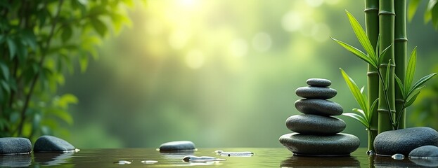 Zen stones balanced serenely with bamboo against tranquil water background with copy space