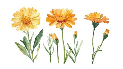 Calendula Watercolor Set. Hand Painted Orange Marigold Flowers Illustration