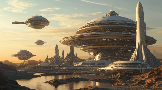 Futuristic Space Colony on Alien Planet - Stunning 3D Illustration of Advanced Habitats in Outer Space