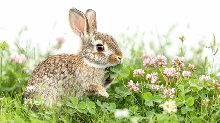 Fototapeta premium A cute rabbit nibbling on clover amidst vibrant wildflowers in a sunny meadow, showcasing nature's beauty and tranquility.