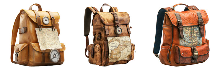 Vintage leather backpack set isolated on transparent background ideal for travel and adventure themed designs and concepts