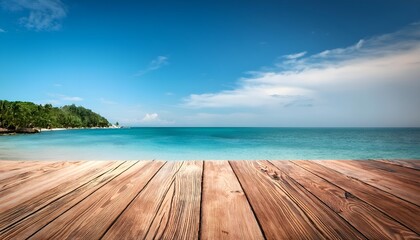 Fototapeta premium Empty wooden floor on topical sea with blue sky.