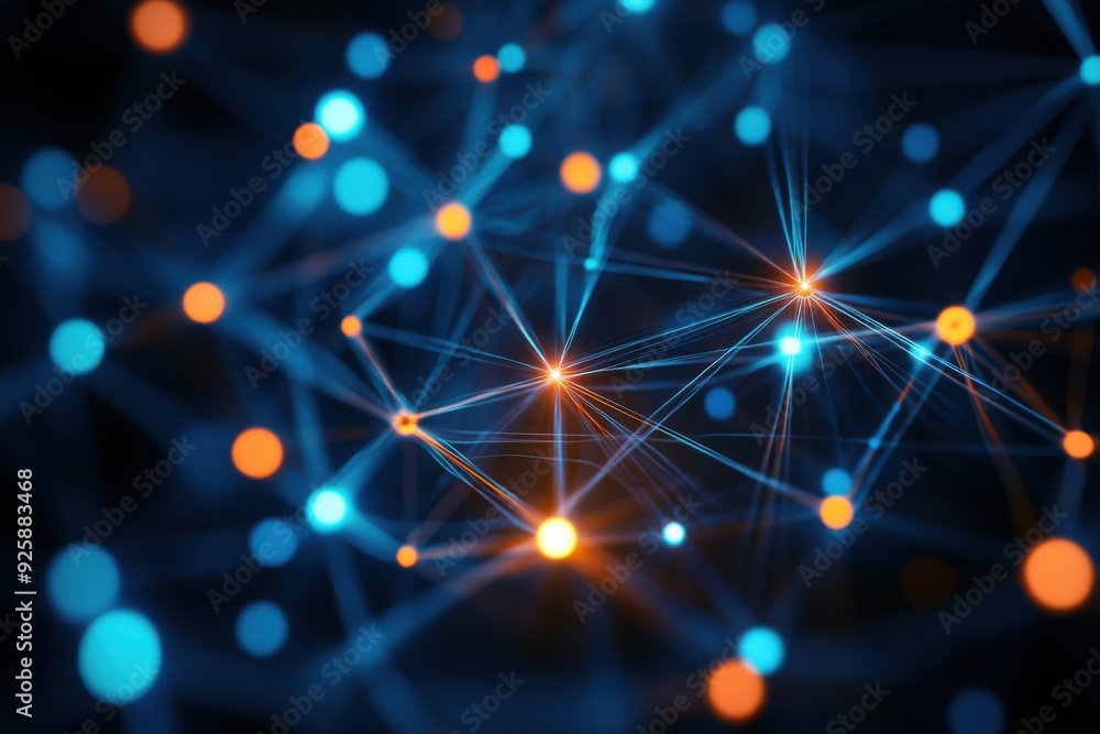 Poster illustrative depiction of linked systems and information handling set against a dark background