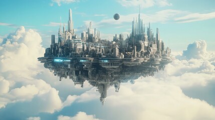 Fototapeta premium Futuristic Sky City - 3D Illustration of Advanced Technology in Floating Metropolis