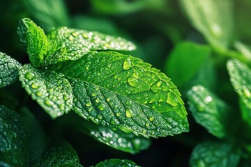 Lively mint foliage shimmering with moisture, detached