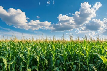 Iowa Land: Beautiful Corn Field with Young Stalks and Cobs Against Blue Sky and Green Background