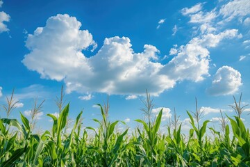 Iowa Land. Corn Field and Young Corn Stalks with Cobs Against Blue Sky and White Clouds