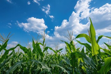 Obraz premium Iowa Land. Beautiful Green Corn Field Under Blue Sky with White Clouds