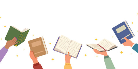 Template book in hands, Concept of reading and literature. Education and knowledge vector concept. Banner hands holding books, library day.