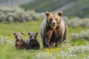 Fototapeta premium Yellowstone Grizzly: Mother and Cubs (#399) in Grand Teton, Wyoming