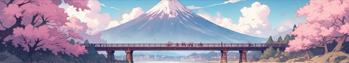 Medieval-Inspired Timeless Illustration of Mount Fuji with a Bridge and Cherry Trees, an AI-Animated Anime Style Fantasy Landscape, storybook illustrations, comic strips, book illustrations and pictur