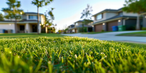 Fototapeta premium typical suburb background. early morning autumn. front yard. Soft focus shallow depth of field background. 