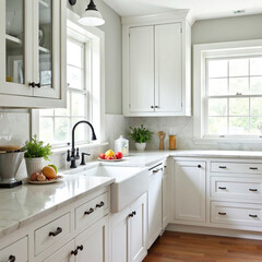 Modern White Kitchen Interior Design with Sunlit Windows and Marble Countertops