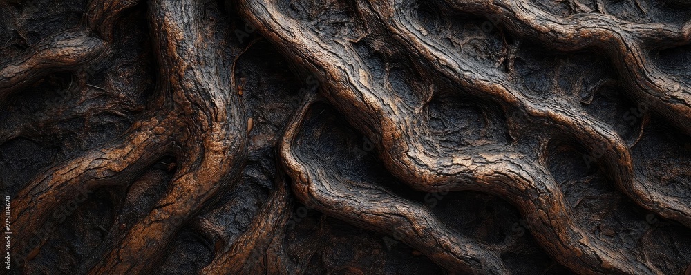 Poster close-up view of textured tree roots showcasing intricate patterns and earthy tones, perfect for nat