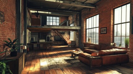 Fototapeta premium A red brick loft with a grunge interior, showcasing rugged brick walls and a warm, weathered wooden floor.