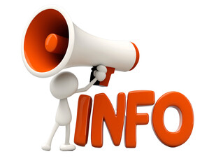 a white character holding a megaphone up to a large orange text