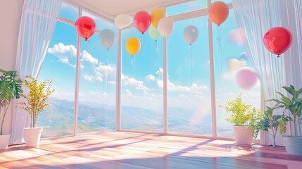 A room filled with soft light and colorful balloons, with large windows showcasing a clear blue sky and a tranquil landscape