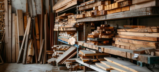 Obraz premium Wood working room, wood storage shelves, bins. Wood working, woods storage.