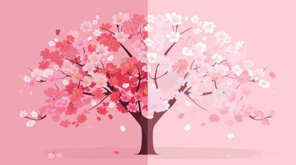 A beautiful illustration of a blossoming tree, showcasing vibrant pink and white flowers against a soft pink background.