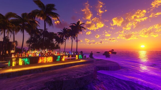 beautiful coastal oasis at sunset, with the sky ablaze in shades of orange, pink, and purple as the sun dips below the horizon. In the foreground, a chic bar lined with an array of evening cocktails