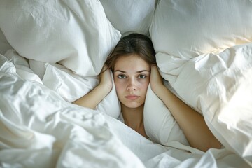 Bad Neighbors. Young Woman Covering Ears with Pillow Trying to Sleep in Noisy Neighboring Area