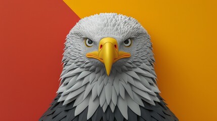 Fototapeta premium Close-up of a majestic bald eagle with a vibrant red and yellow background, showcasing its powerful gaze and intricate feathers.