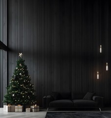 Bright and airy Scandinavian-style living room decorated for Christmas, featuring a beautifully adorned Christmas tree with gift boxes.