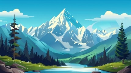 A vibrant landscape featuring majestic mountains, serene river, and lush greenery, perfect for nature lovers and adventure enthusiasts.