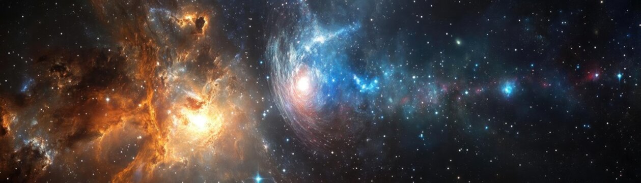 Fototapeta A stunning cosmic panorama showcasing vibrant nebulae, brilliant stars, and the vastness of the universe in rich colors.
