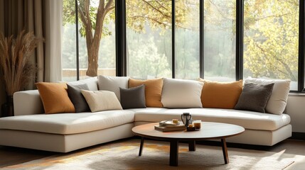 Sectional Sofa with Cushions and Coffee Table in Living Room