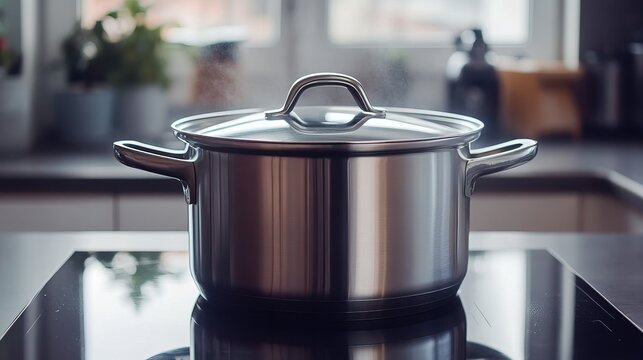 Cooking pot on a modern stovetop in a bright kitchen during the day
