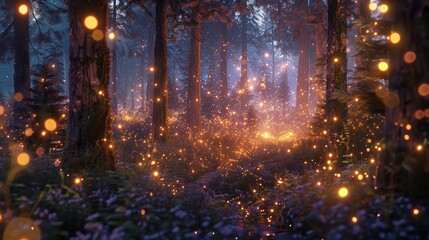 Naklejka premium Lush Forest Bathed in Golden Summer Sunlight from Low Angle